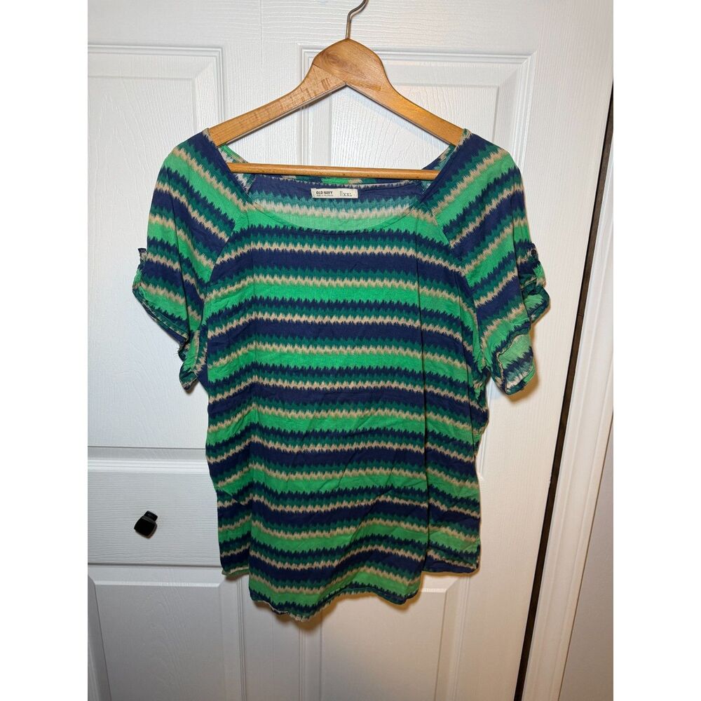 Old Navy XXL Green Blue Striped Roll Sleeve Short Sleeve Top